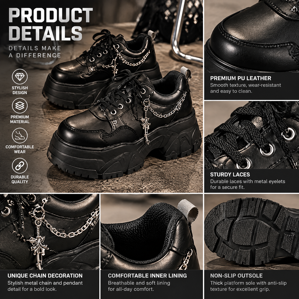Black Chain-Detail Chunky Lace-Up Shoes — design details