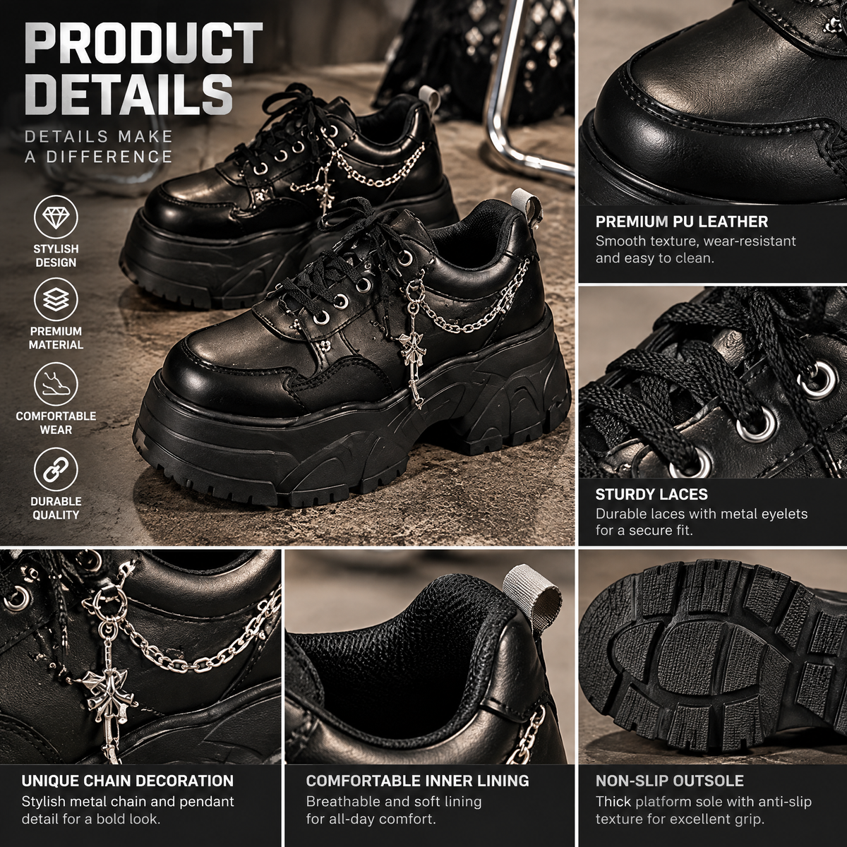 Black Chain-Detail Chunky Lace-Up Shoes — design details