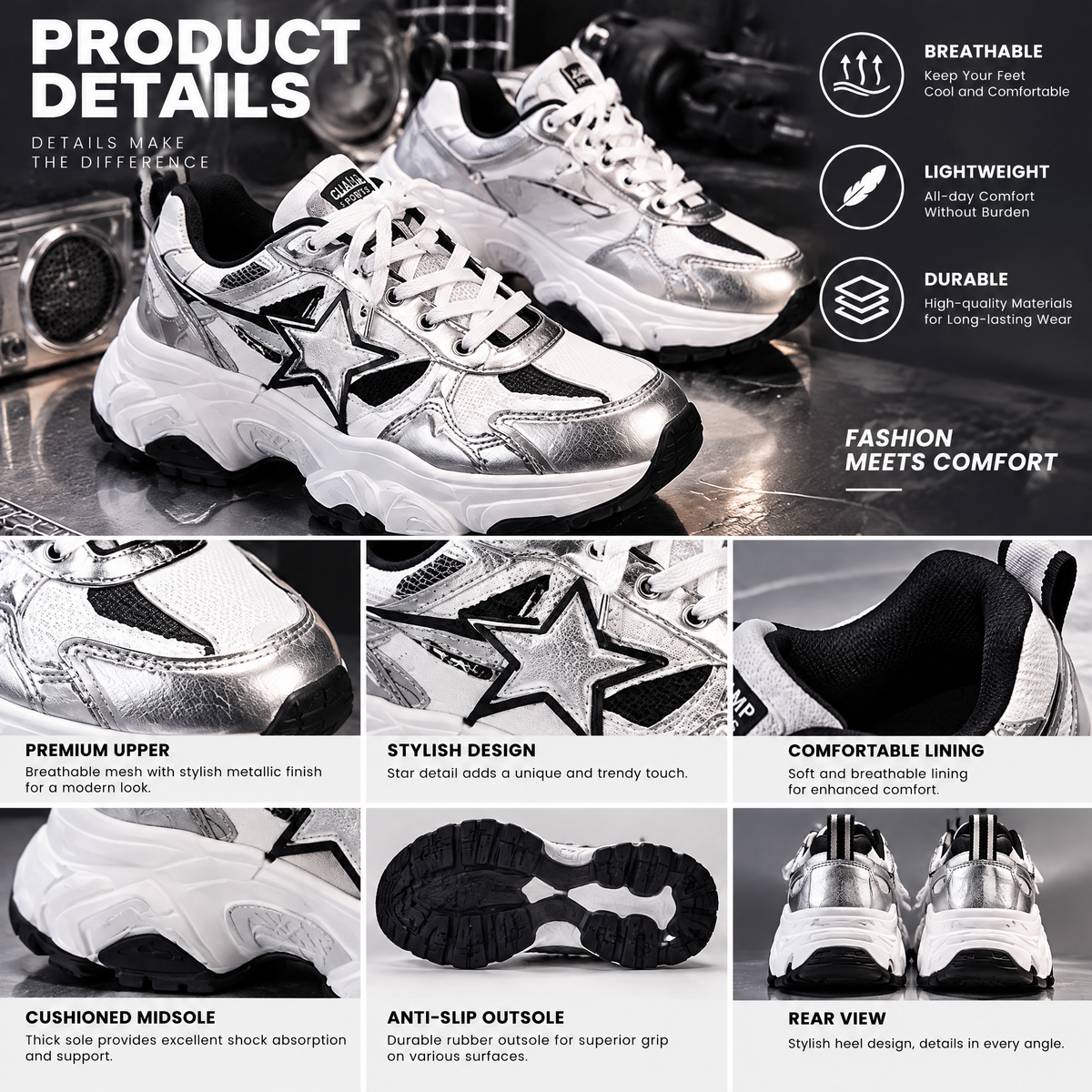 Silver Retro Runner Sneakers — design details