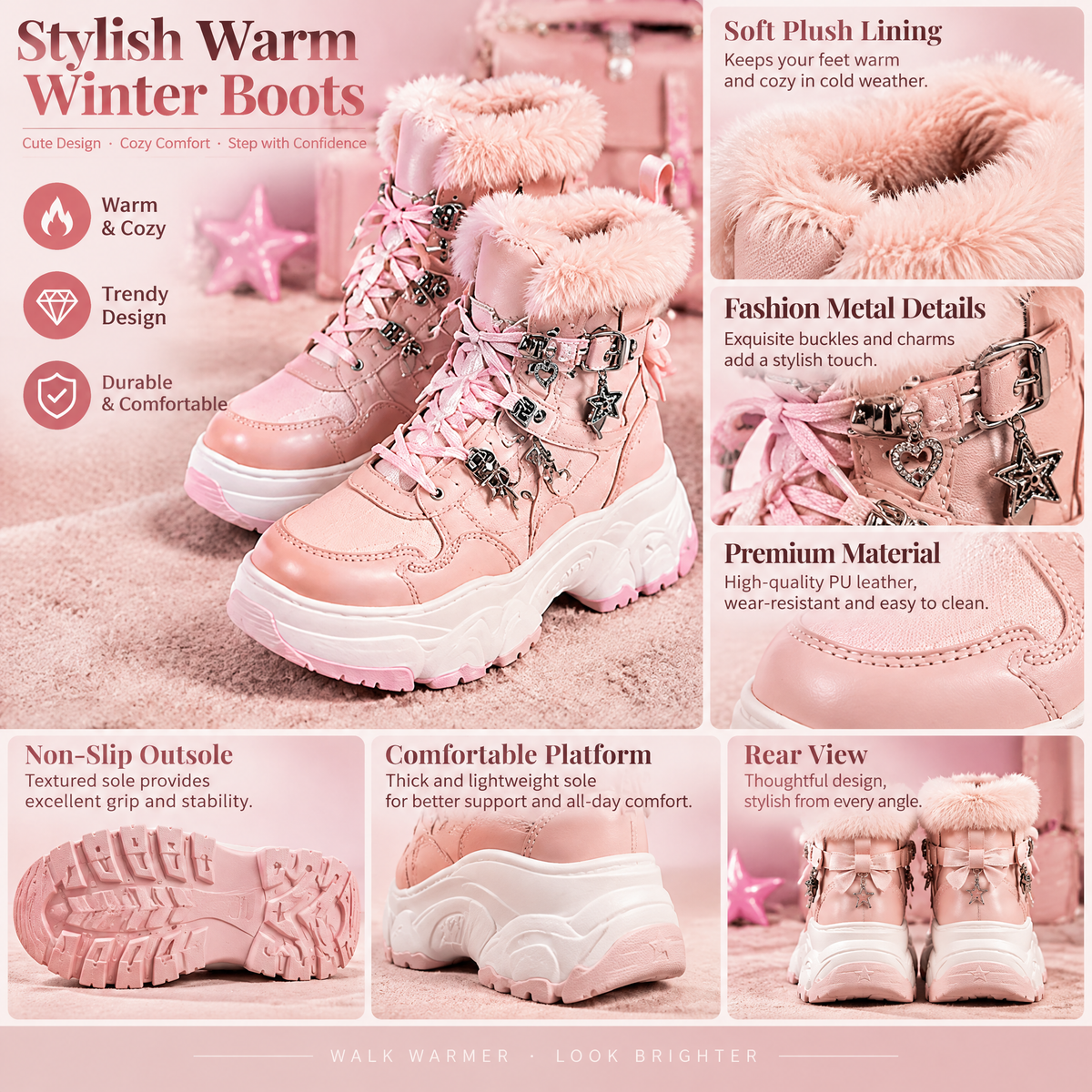 Pink Plush-Look Platform Ankle Boots — design details