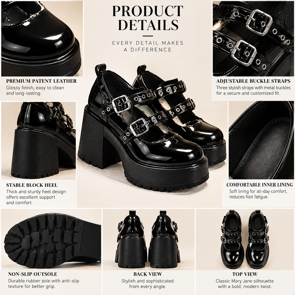 Black Buckle Platform Shoes — design details