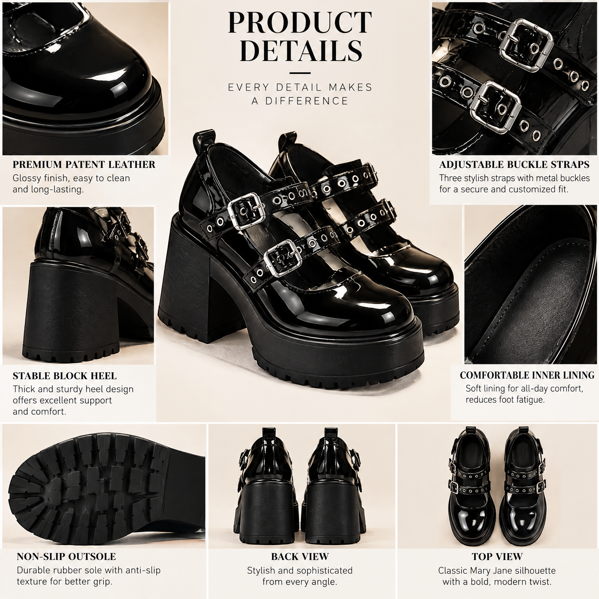 Black Buckle Platform Shoes — design details