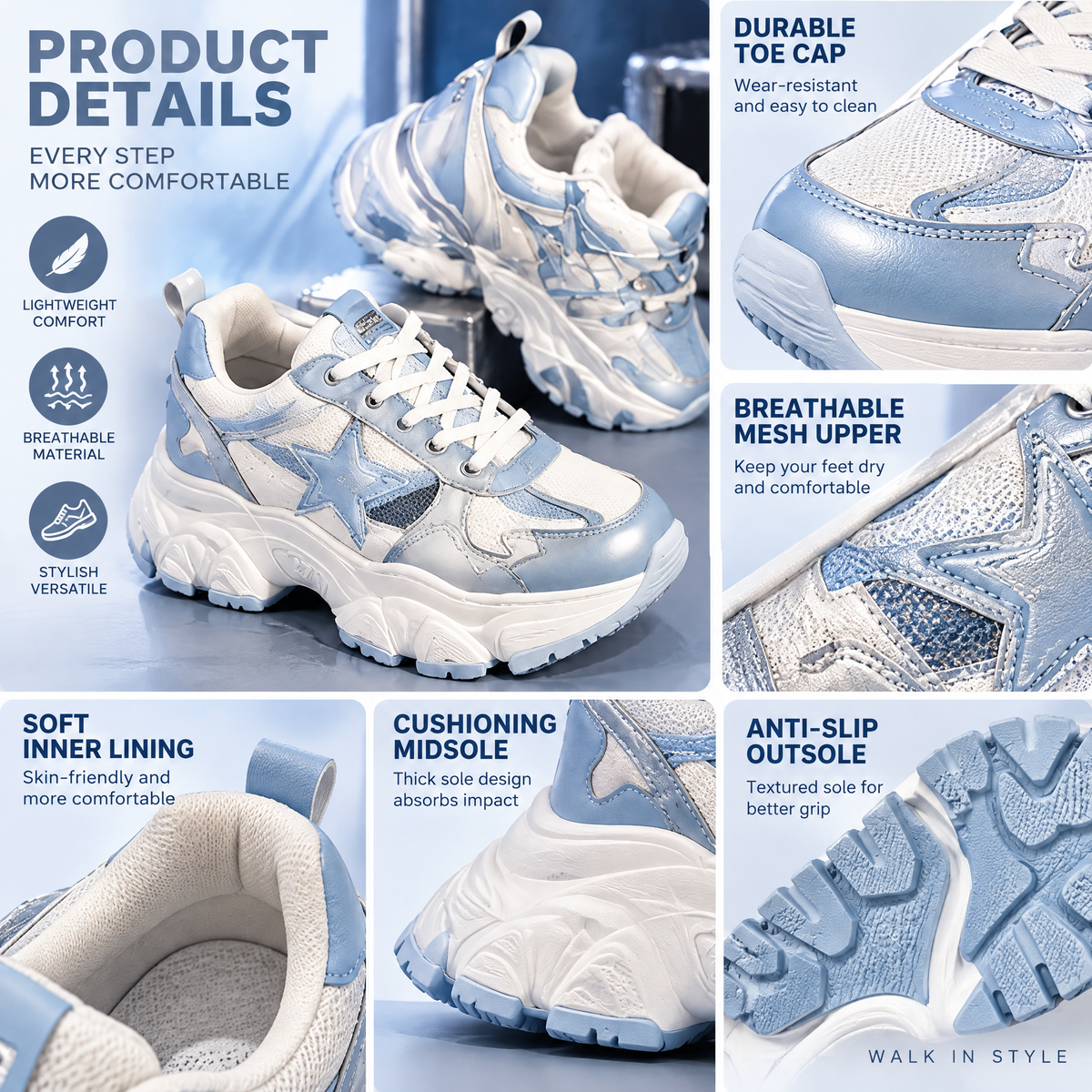 Ice Blue Star-Detail Chunky Sneakers — design details