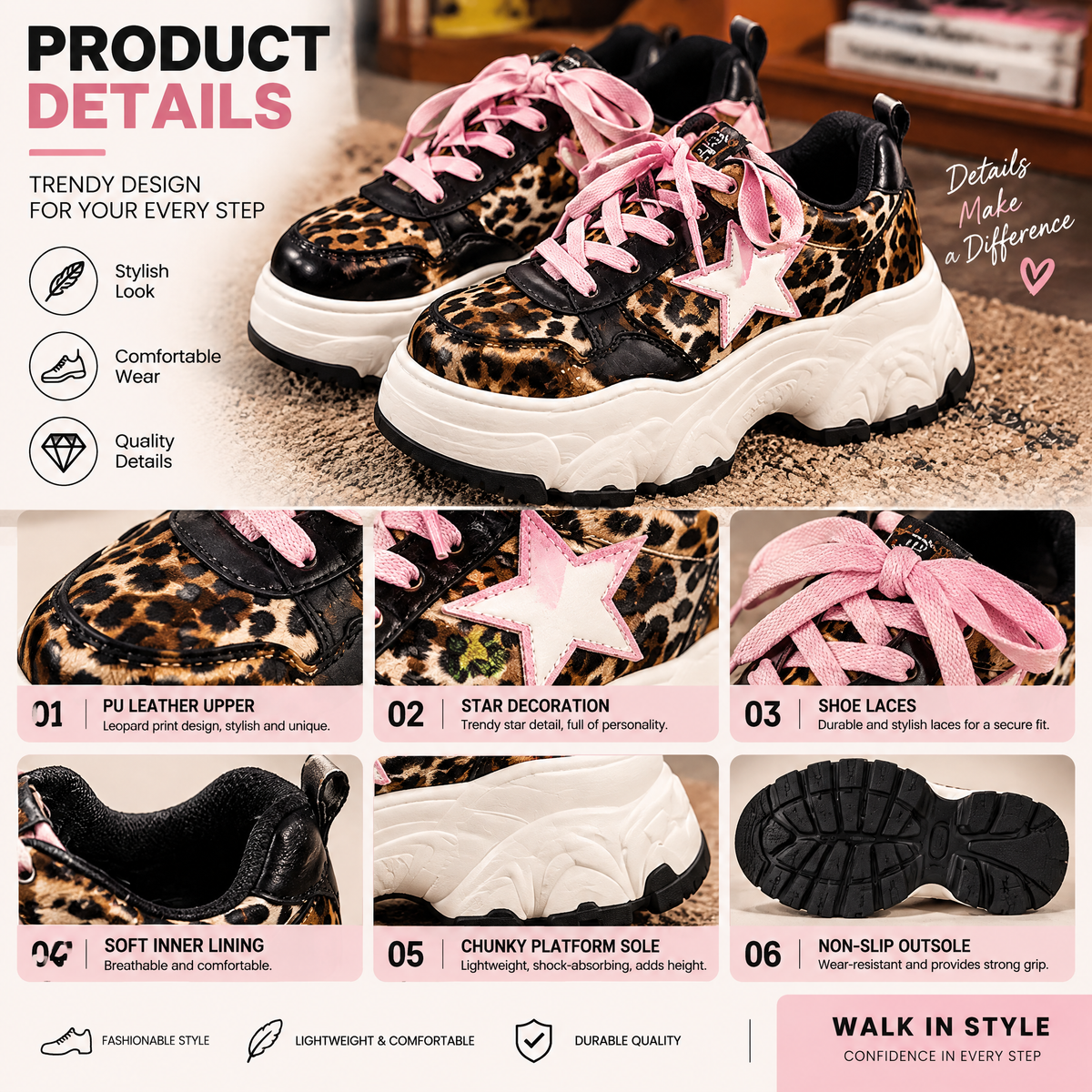 Leopard Star Platform Sneakers — design details