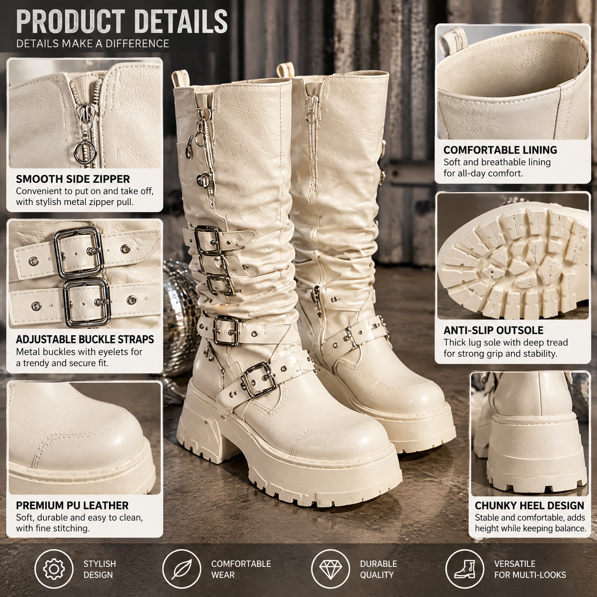 Cream Platform Combat Boots — design details