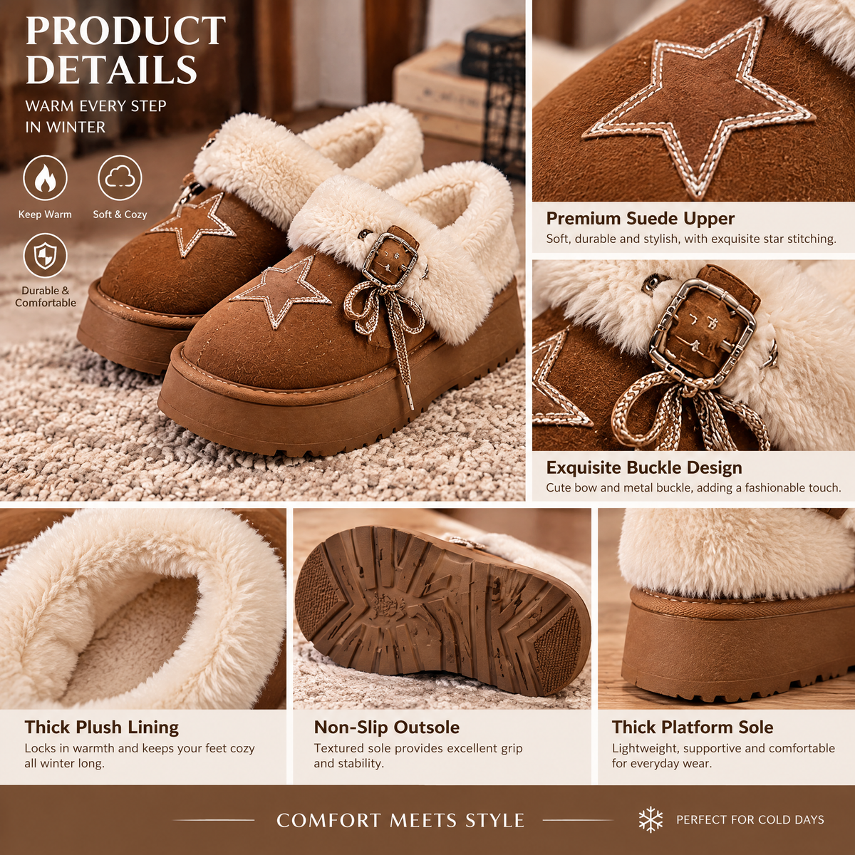 Brown Shearling-Look Star Clogs — design details